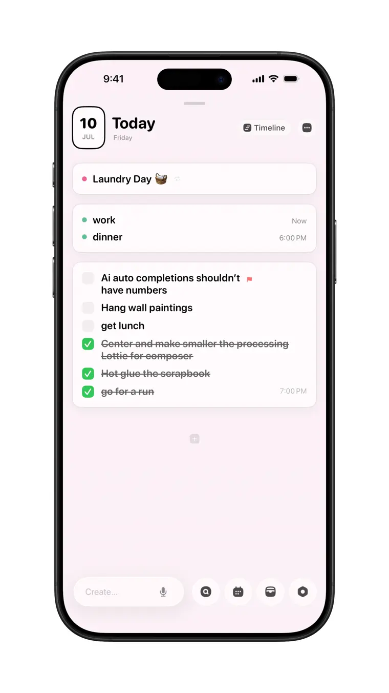 Pocket Cal Today view with events and checked-off tasks